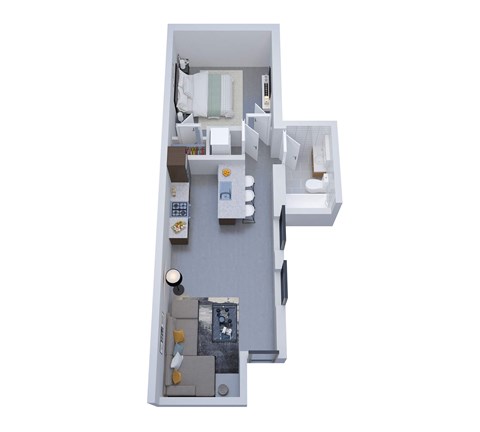 A 3D floor plan of a small apartment with a kitchen, living room, and bathroom.