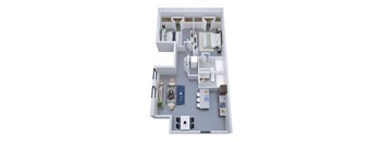 A top-down view of a small apartment layout with a kitchen, living room, and bathroom.