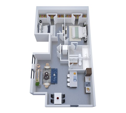 A top-down view of a small apartment layout with a kitchen, living room, and bathroom.
