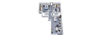 A floor plan of a two-bedroom apartment with a living room, kitchen, and bathroom.