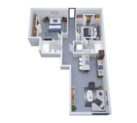 A floor plan of a two-bedroom apartment with a living room, kitchen, and bathroom.
