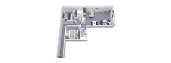 A 3D floor plan of a small apartment with a kitchen, living room, and bathroom.