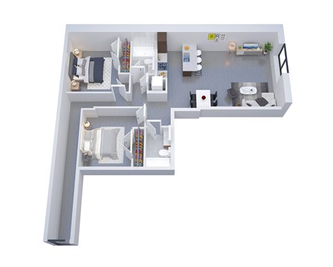 A 3D floor plan of a small apartment with a kitchen, living room, and bathroom.