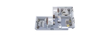 A top down view of a small apartment with a bedroom, living room, and kitchen.