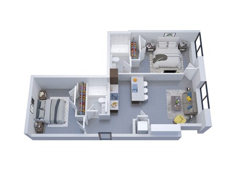 A top down view of a small apartment with a bedroom, living room, and kitchen.