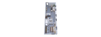 A top-down view of a small apartment with a kitchen, living room, and bathroom.