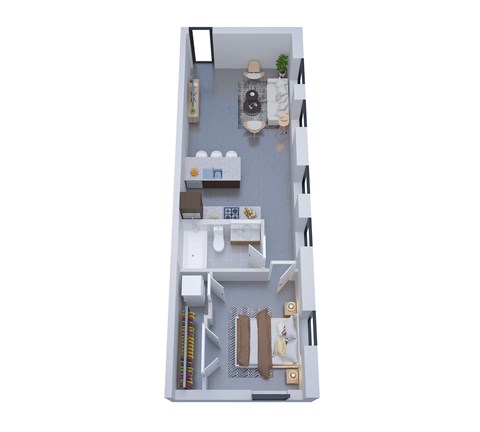 A top-down view of a small apartment with a kitchen, living room, and bathroom.