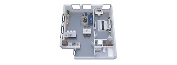 A top-down view of a small apartment with a kitchen, living room, and bathroom.