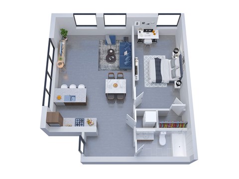 A top-down view of a small apartment with a kitchen, living room, and bathroom.