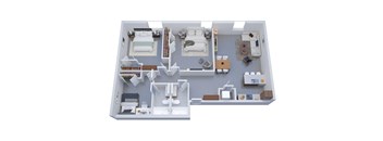 A 3D image of a small apartment layout with two bedrooms, a living room, and a kitchen.