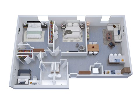 A 3D image of a small apartment layout with two bedrooms, a living room, and a kitchen.