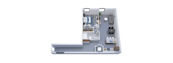 A 3D floor plan of a small apartment with a kitchen, living room, and bathroom.