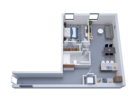 A 3D floor plan of a small apartment with a kitchen, living room, and bathroom.