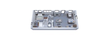 A top-down view of a house layout with a bedroom, living room, kitchen, and bathroom.