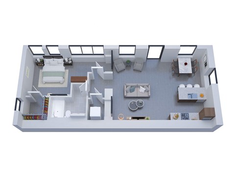 A top-down view of a house layout with a bedroom, living room, kitchen, and bathroom.