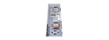 A top-down view of a small apartment layout with a living room, kitchen, and bathroom.