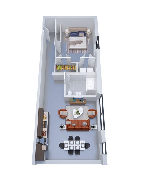 A top-down view of a small apartment layout with a living room, kitchen, and bathroom.