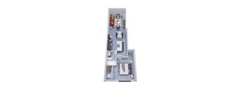 A 3D floor plan of a small apartment with a kitchen, living room, and bedroom.