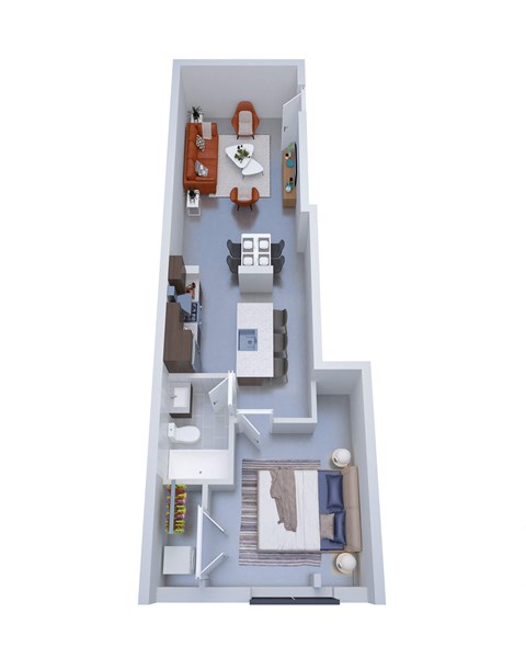 A 3D floor plan of a small apartment with a kitchen, living room, and bedroom.
