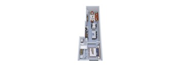 A floor plan of a small apartment with a kitchen, living room, and bathroom.