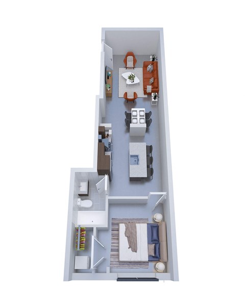 A floor plan of a small apartment with a kitchen, living room, and bathroom.