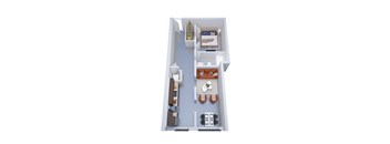 A top-down view of a small apartment with a bed, a couch, a kitchenette, and a dining area.