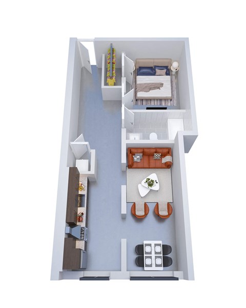 A top-down view of a small apartment with a bed, a couch, a kitchenette, and a dining area.