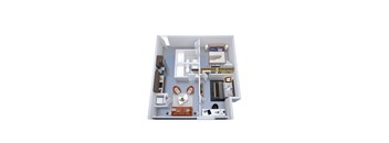 A 3D floor plan of a small apartment with a living room, kitchen, and bedroom.