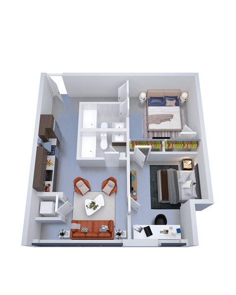 A 3D floor plan of a small apartment with a living room, kitchen, and bedroom.