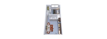 A top-down view of a modern apartment with a kitchen, living room, and bedroom.