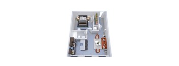 A top-down view of a modern living room with a kitchen area.