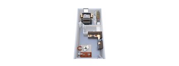 A top down view of a small apartment with a bed, desk, and kitchenette.