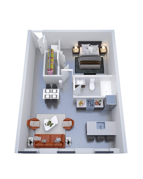 A top-down view of a small apartment with a bed, couch, and kitchenette.