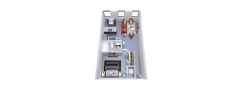 A top down view of a small apartment with a kitchen, living room, and bedroom.