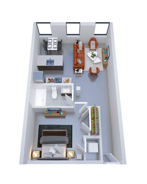 A top down view of a small apartment with a kitchen, living room, and bedroom.