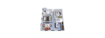 A 3D floor plan of a house with a kitchen, living room, and bathroom.
