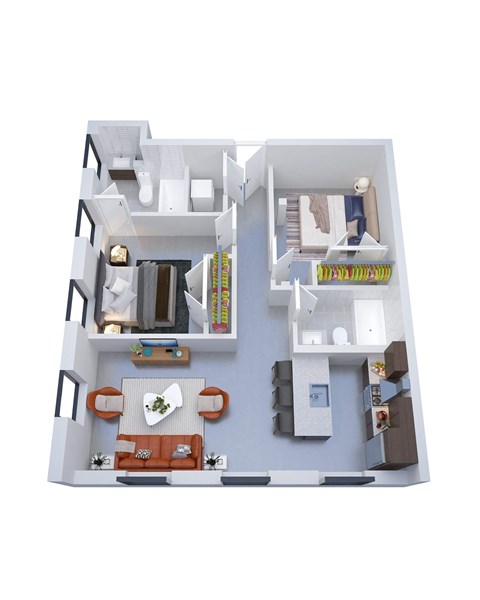 A 3D floor plan of a house with a kitchen, living room, and bathroom.