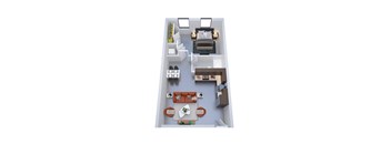 A top-down view of a small apartment with a bed, a couch, a table, and a kitchenette.