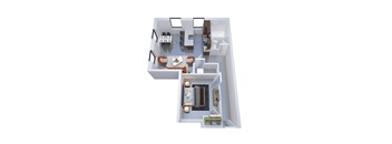 A top down view of a small apartment with a kitchen, living room, and bathroom.