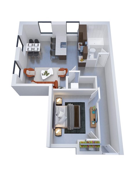 A top down view of a small apartment with a kitchen, living room, and bathroom.