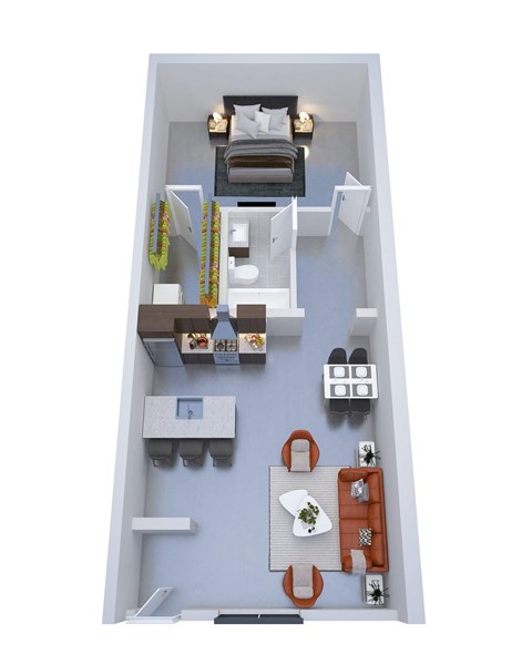 A top-down view of a room with a bed, desk, and chair.