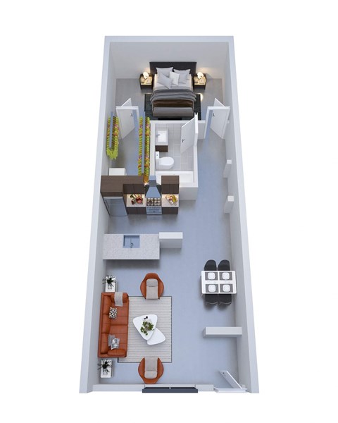 A 3D floor plan of a small apartment with a bedroom, living room, and kitchen.