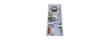 A 3D rendered image of a small apartment layout.