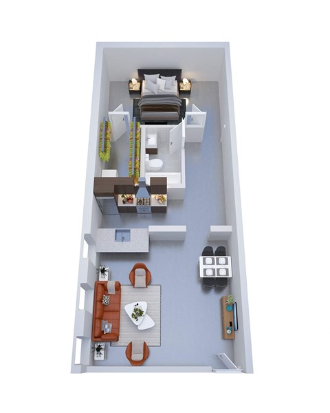 A 3D rendered image of a small apartment layout.