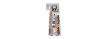 A top-down view of a small apartment with a kitchen, living room, and bedroom.
