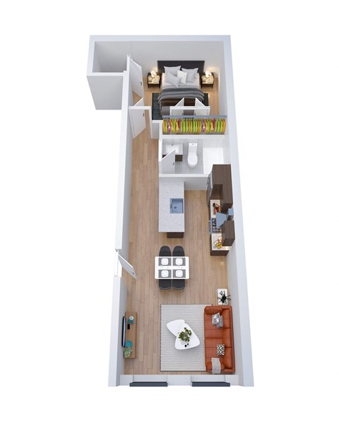 A top-down view of a small apartment with a kitchen, living room, and bedroom.
