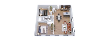 A top-down view of a living room, kitchen, and dining area.