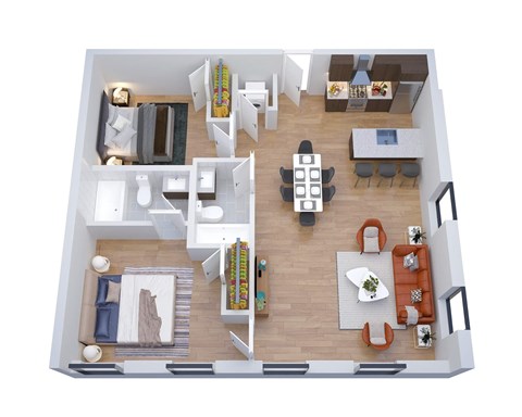 A top-down view of a living room, kitchen, and dining area.