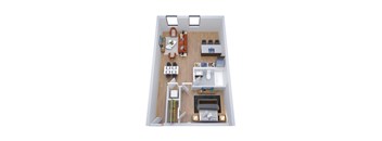 A top-down view of a small apartment with a kitchen, living room, and bedroom.
