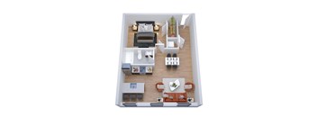 A top down view of a living room with a couch, coffee table, and kitchen area.